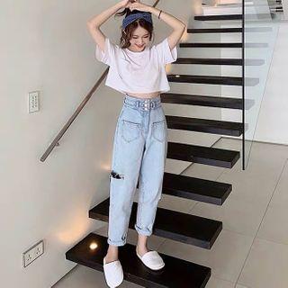 Set: Short Sleeve Plain T-shirt + High Waist Ripped Jeans