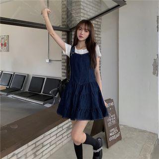 Short-sleeve Henley T-shirt / Tiered Denim Mini A-line Overall Dress