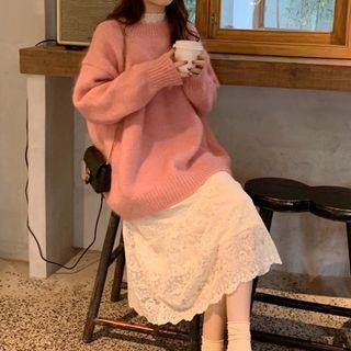 Stand-collar Lace Dress / Loose-fit Sweater