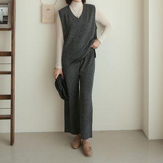 Set: V-neck Knit Vest + Wide-leg Pants