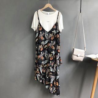 Floral Print Spaghetti-strap Asymmetrical Chiffon Dress