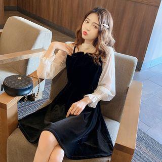 Mock Two-piece Long-sleeve Velvet Dress Black - One Size