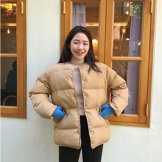 Round-neck Snap-button Padded Shell Jacket