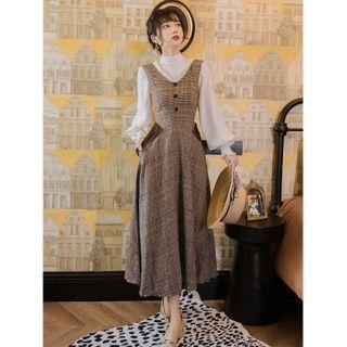 Mock Neck Blouse / Plaid Overall Dress