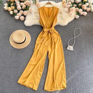 V-neck Plain Sleevelesswide-leg Jumpsuit