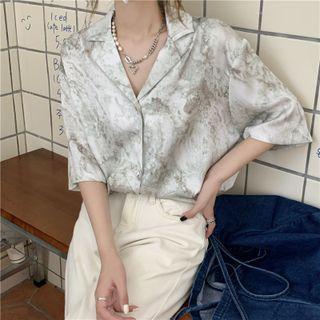 Elbow-sleeve Tie-dyed Shirt White & Gray - One Size