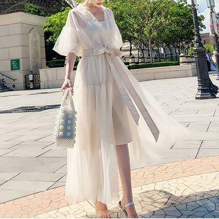 Set: Ruffle Trim Mesh Maxi A-line Dress + Slipdress
