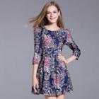 3/4-sleeve Gathered-waist Long-sleeved Floral Print Crewneck A-line Sheath Dress