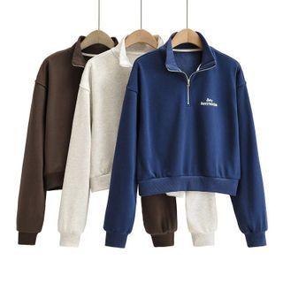 Long Sleeve Collar Zip-detail Lettering Loose-fit Sweatshirt
