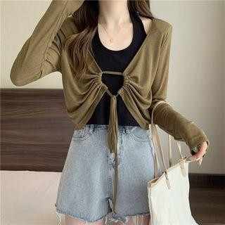 Set: Long-sleeve Drawstring Crop T-shirt + Camisole