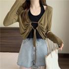 Set: Long-sleeve Drawstring Crop T-shirt + Camisole