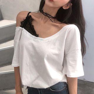 Elbow-sleeve Cold Shoulder Lace-trim Top