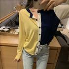 Long-sleeve Contrast-color Buttoned Knit Top