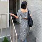 Puff-sleeve Leopard Print Open-back Midi A-line Dress