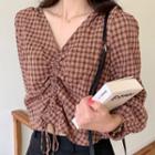 Drawstring-front Plaid Top Brown - One Size