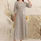 Floral Print Plaid Elbow-sleeve Maxi A-line Dress