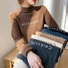 Mock-neck Long-sleeve Embroidered Lettering Top