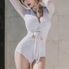 Set: Tie-front Long-sleeve Mesh Panel Swimsuit + Choker