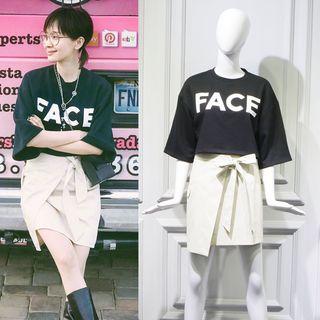 3/4-sleeve Lettering Top / Tie-waist A-line Skirt