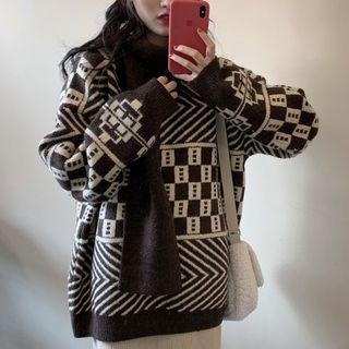 Set: Scarf + Printed Oversize Sweater Set - Sweater - Pattern - Coffee - One Size / Scarf - Brown - One Size