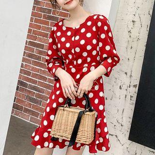 Square Neck Dot Print Blouse / A-line Dress