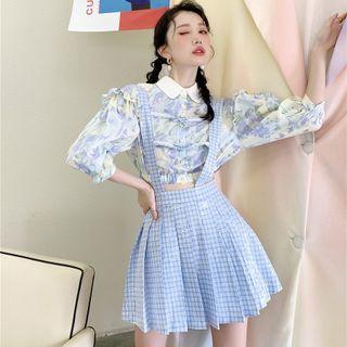 Floral Cropped Blouse / Plaid Suspender Mini A-line Skirt
