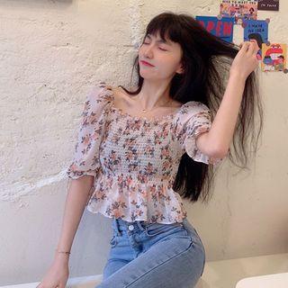 Puff-sleeve Floral Shirred Blouse