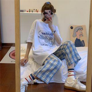 Short-sleeve Rabbit Print T-shirt / High-waist Plaid Pants