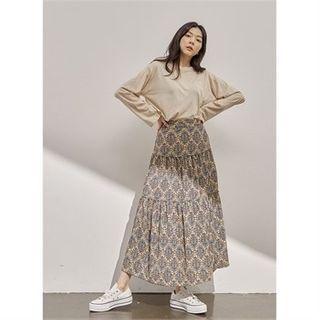 Slit-front Floral Print Skirt Black - One Size
