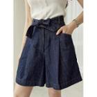 Pintuck Stitched Denim Shorts With Sash Blue - One Size