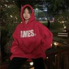 Lettering Print Drawstring Hoodie Red - One Size