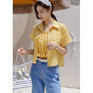 Plaid Set: Shirt + Shirred Camisole Top