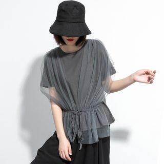 Short-sleeve Mesh Panel Shirred T-shirt