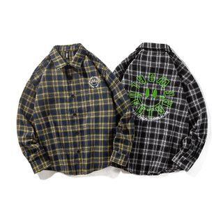 Plaid Smiley Face Embroidered Shirt
