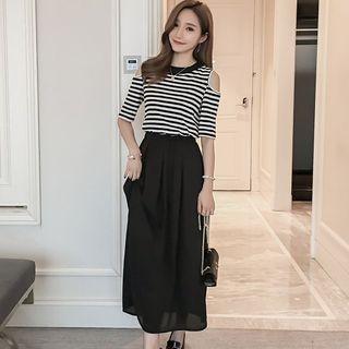 Elbow-sleeve Cutout Shoulder Panel Midi Dress