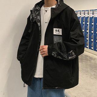 Lettering Paisley Print Hooded Zip Jacket