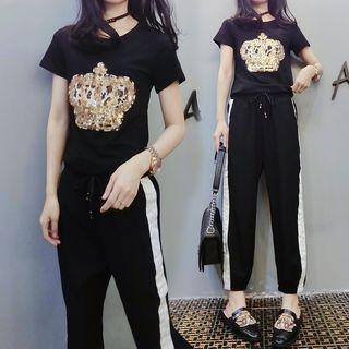 Set: Short-sleeve Sequined T-shirt + Contrast Trim Harem Pants