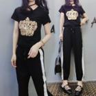 Set: Short-sleeve Sequined T-shirt + Contrast Trim Harem Pants