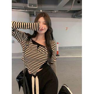 Long-sleeve Striped Top Almond & Black - One Size