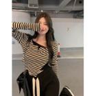 Long-sleeve Striped Top Almond & Black - One Size