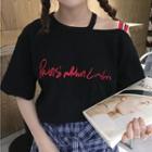 Letter Embroidered Cut Out Shoulder Elbow Sleeve T-shirt