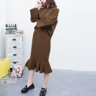 Set: Plain Loose-fit Long-sleeve Sweater + Pencil Skirt
