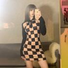 Long-sleeve Cut Out Checker Mini Sheath Dress
