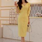 Elbow-sleeve Button-up Midi Dress