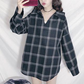 Lace -up Back Long Sleeve Checked Top
