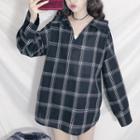 Lace -up Back Long Sleeve Checked Top