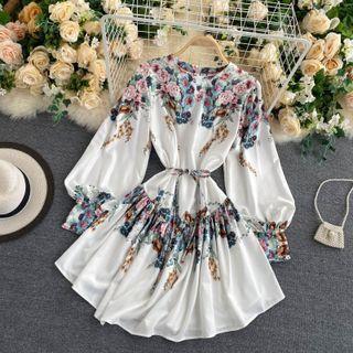 Bishop-sleeve Floral Print Tie-waist Mini A-line Dress White - One Size