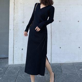 Drawstring Slit Knit Midi A-line Dress