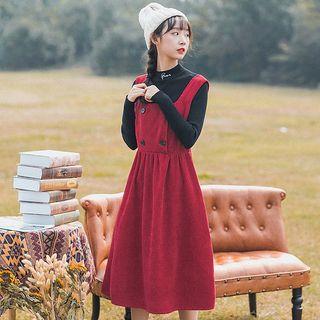 Corduroy Pinafore A-line Midi Dress / Rib Knit Top / Set
