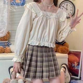 Lace Trim Square-neck Long-sleeve Blouse Almond - One Size